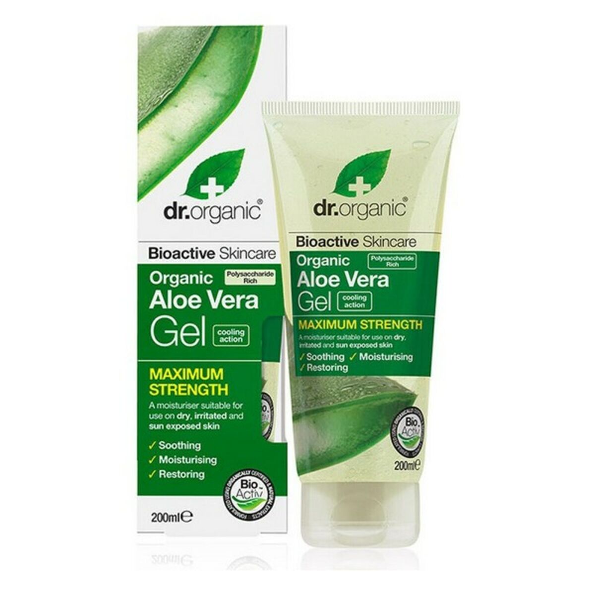 Fugtgivende badegel med Aloe Vera Dr.Organic Bioactive Organic 200 ml hudplejeemballage