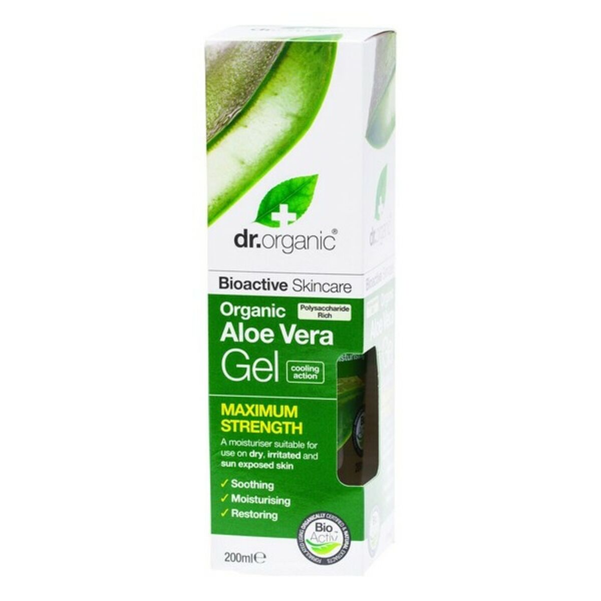 Fugtgivende badegel med Aloe Vera Dr.Organic Bioactive Organic 200 ml hudplejeemballage
