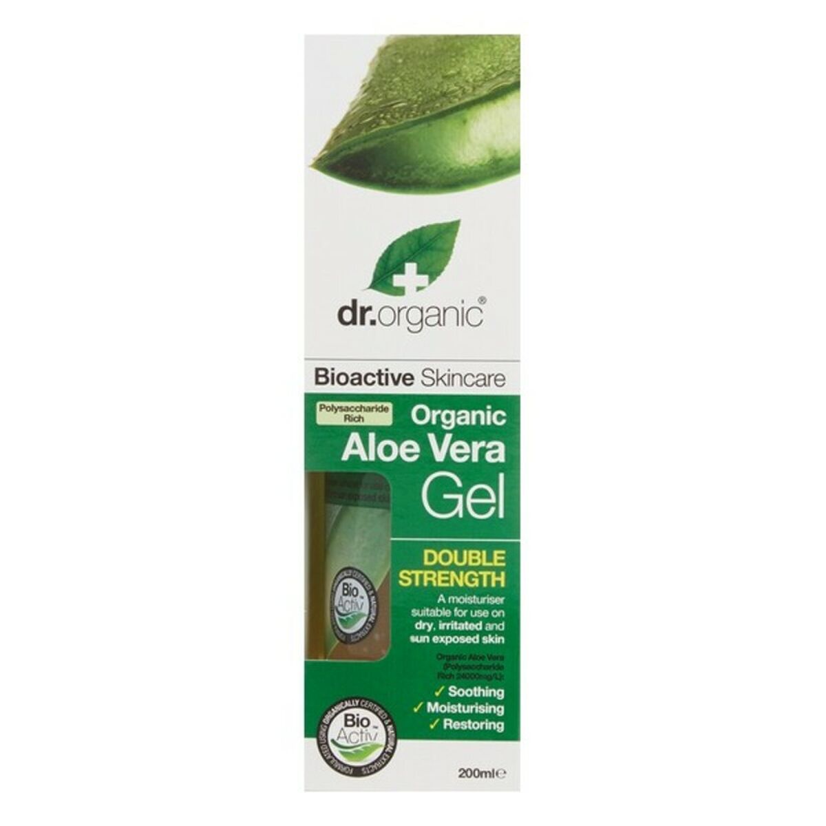 Fugtgivende badegel med Aloe Vera Dr.Organic Bioactive Organic 200 ml hudplejeemballage