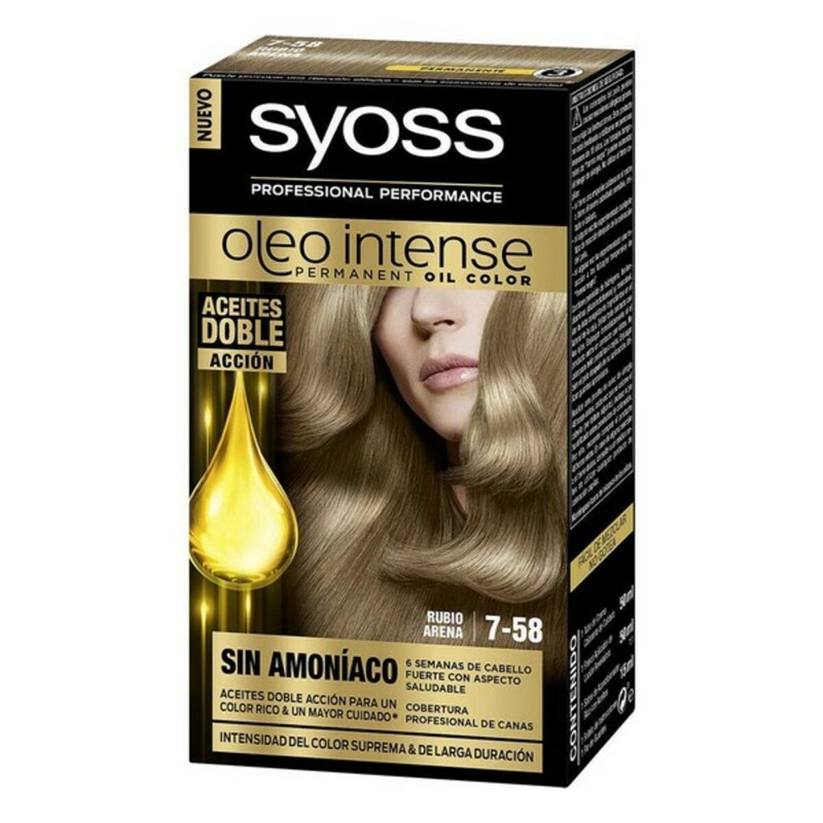 Permanent Dye Syoss Oleo Intense Sand Blonde Nº 7.58 Platinum Blonde Nº 7.58-Rubio Arena for Women produktemballage