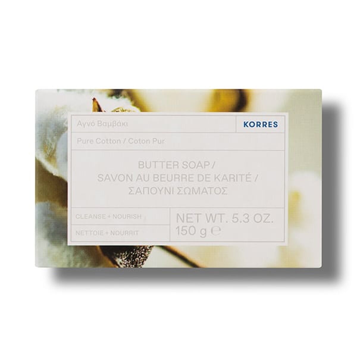Sæbekage Korres Pure Cotton Butter 150 g produktemballage