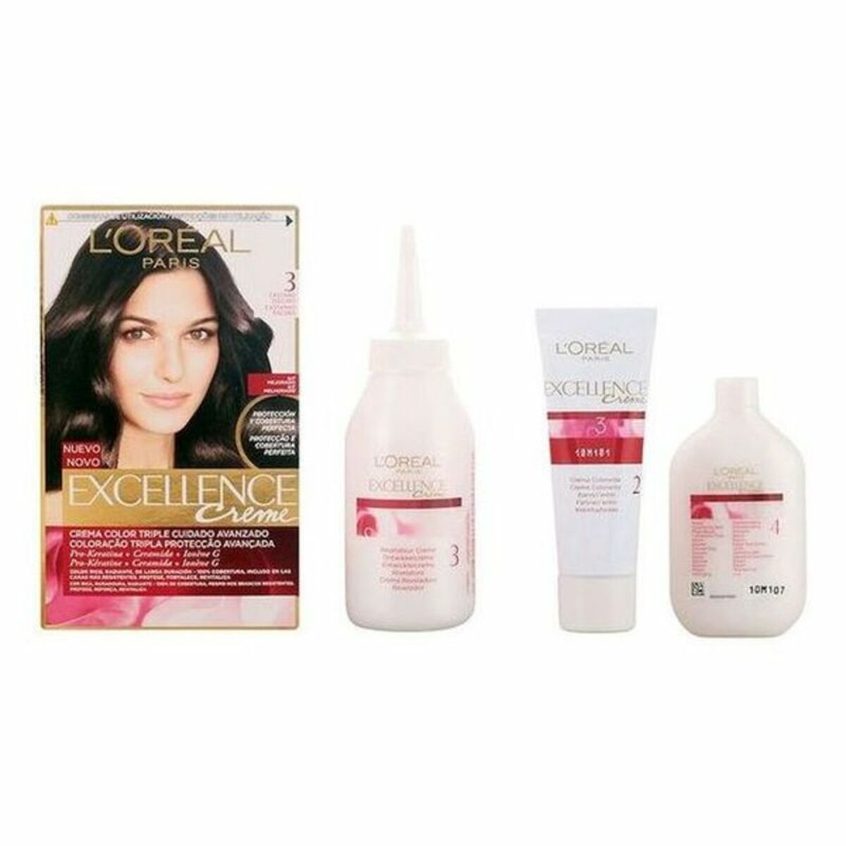 Permanent Dye L'Oreal Make Up Excellence Nº 3 Castano Oscuro Nº 3-Castano Oscuro 192 ml produktemballage