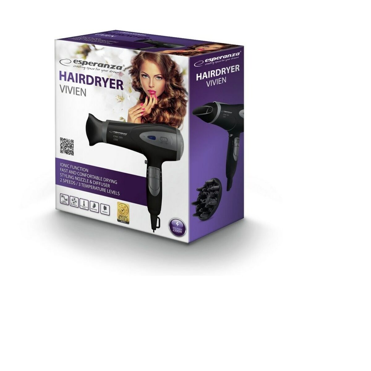 Hårtørrer Esperanza EBH005K Sort 2200 W produktemballage