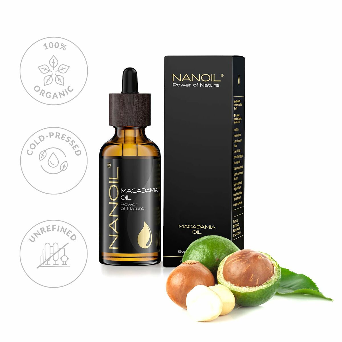 Bath Oil Nanoil Power Of Nature 50 ml macadamianøddeolie produktemballage