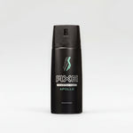 A black deodorant can with the brand name "AXE" and product name "APOLLO" printed on it.