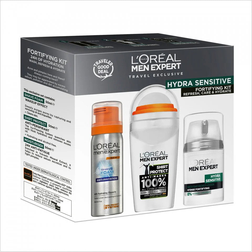 Travel Set L'Oreal Paris: Men Expert, Alcohol-Free, Hydrating & Regenerating, Day & Night, Cream, For Face, 50 ml + Men Expert, Alcohol-Free, Anti-Sweat, Deodorant Roll-On, For Men, 50 ml + Men Expert, Glycerin, Against Irritation, Shaving Foam, 50 ml