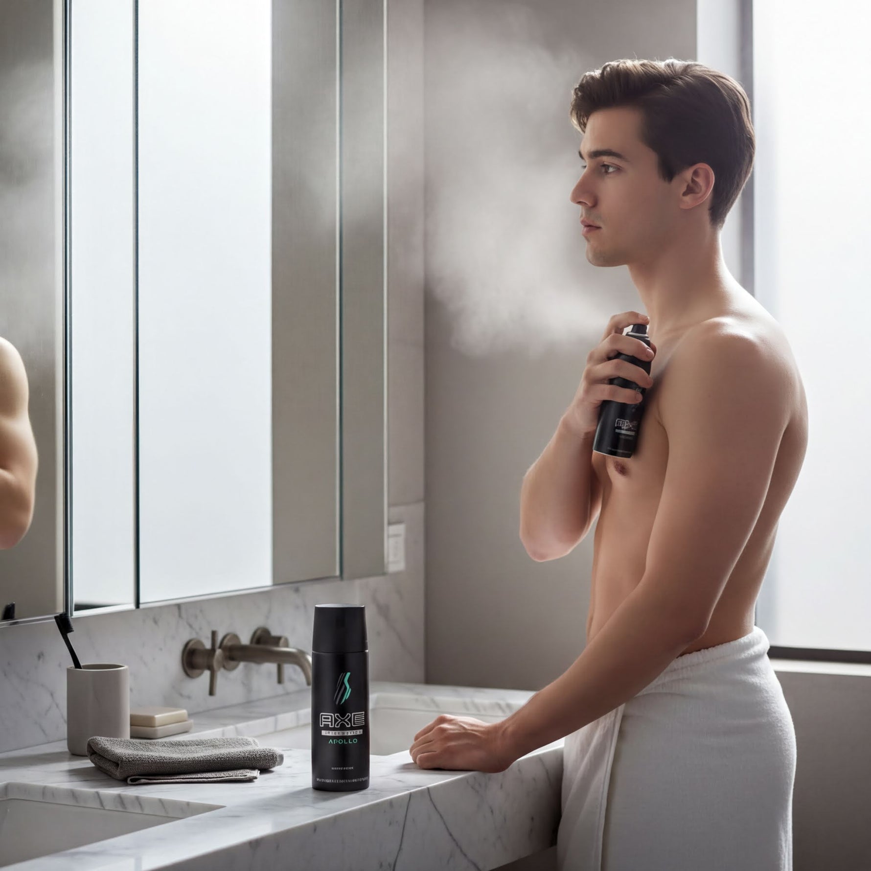 A young man stands in a bathroom, holding a can of deodorant and spraying it on his back.