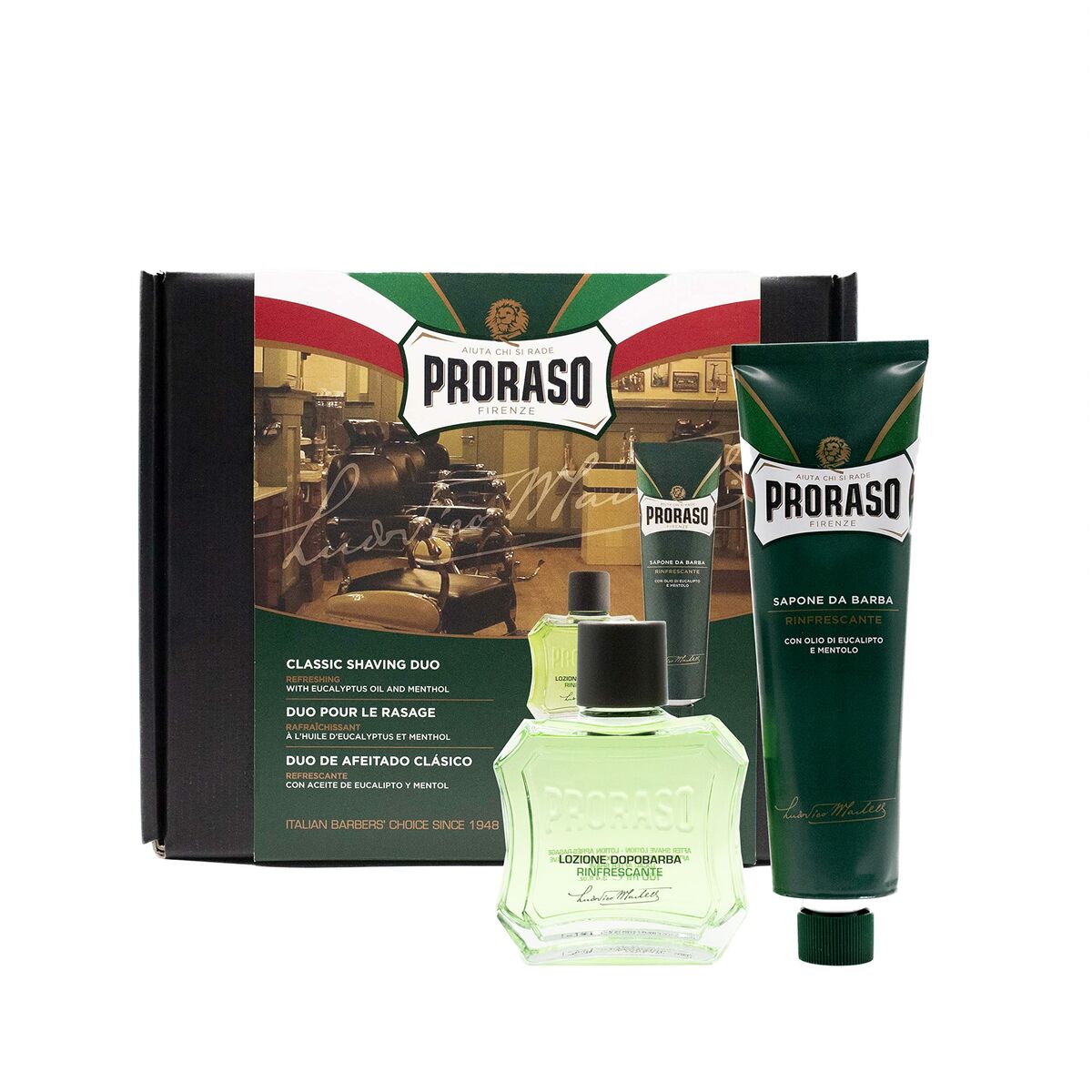 Barbersæt Proraso Afeitado Clásico Rinfrescante Lote Forfriskende 2 stks produktemballage