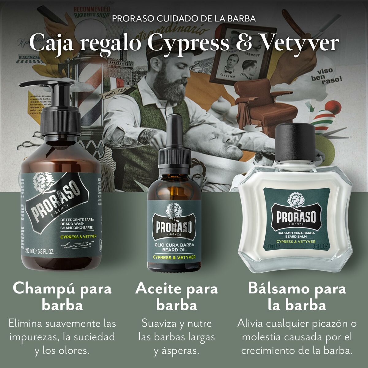 Skægplejesæt Proraso Cypress & Vetyver 3 stks produktemballage