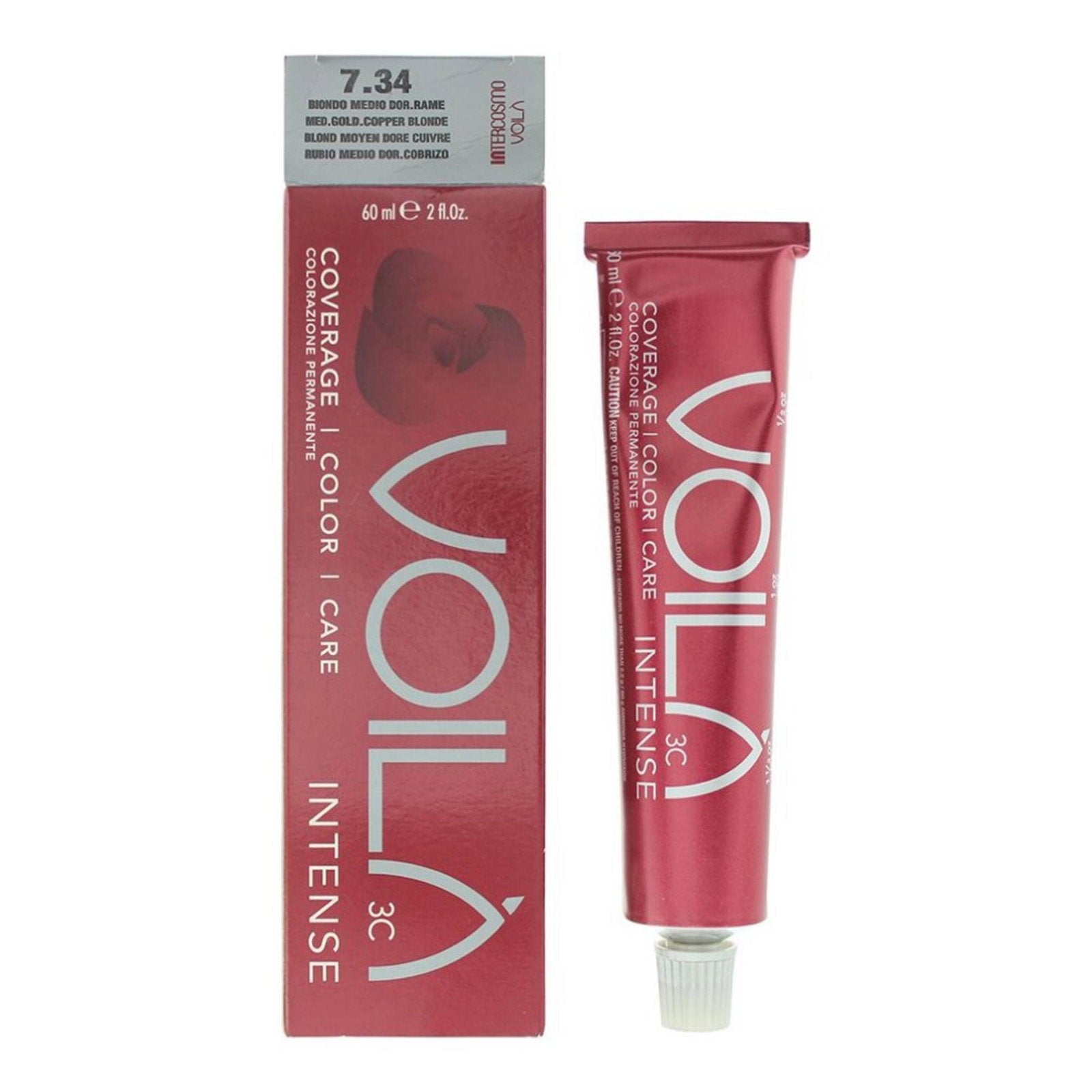 Intercosmo, Voila 3C Intense, Permanent Hair Dye, 7.34 Medium Golden Copper Blonde, 60 ml