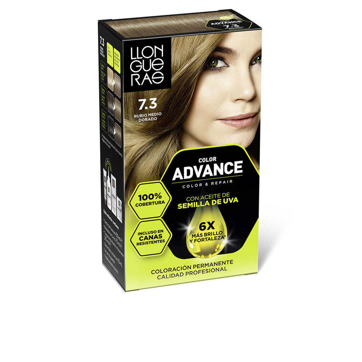 Permanent farve Llongueras COLOR ADVANCE Nº 7,3-Rubio Medio Dorado produktemballage