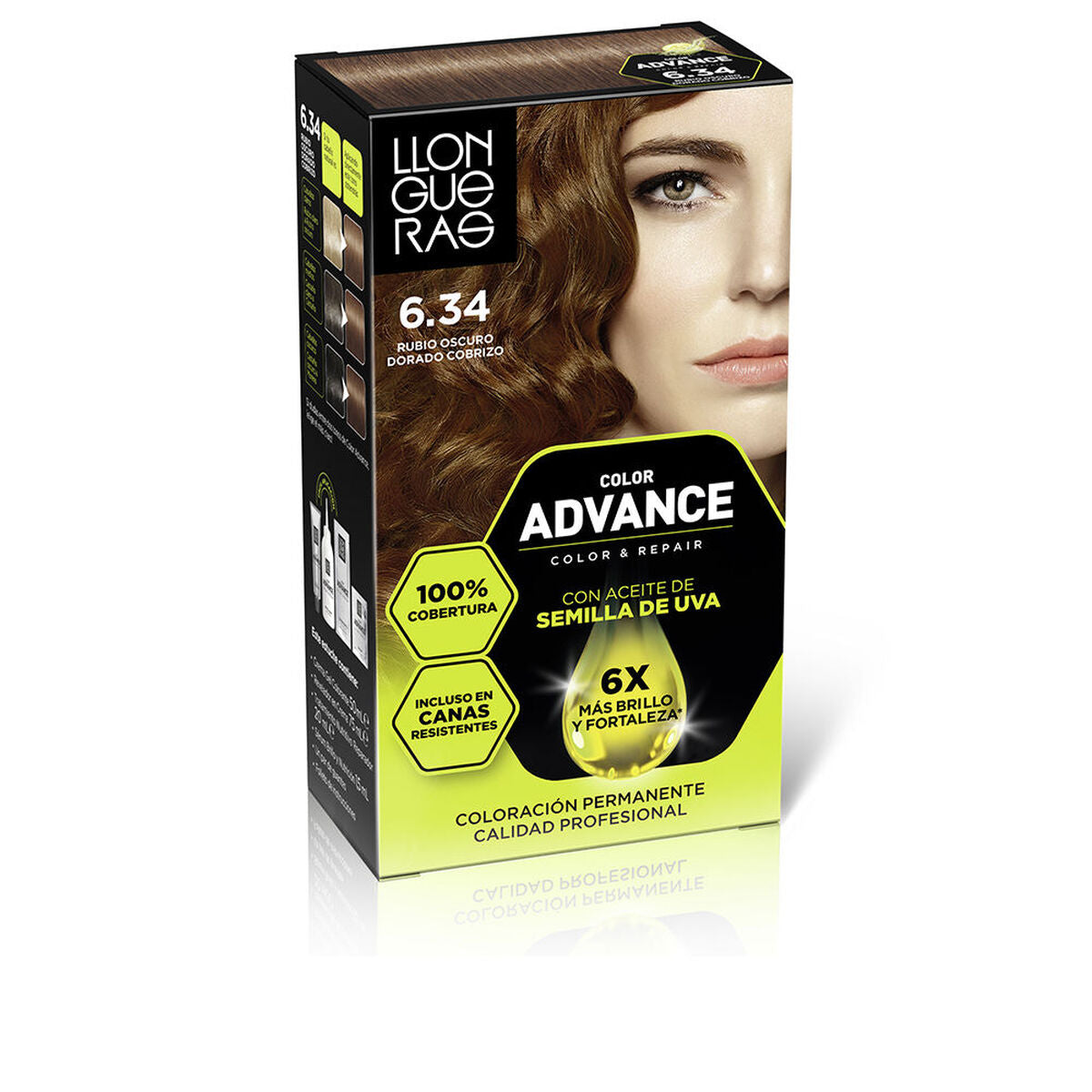 Permanent farve Llongueras COLOR ADVANCE Nº 6,34-Rubio Oscuro Dorado Cobrizo produktemballage