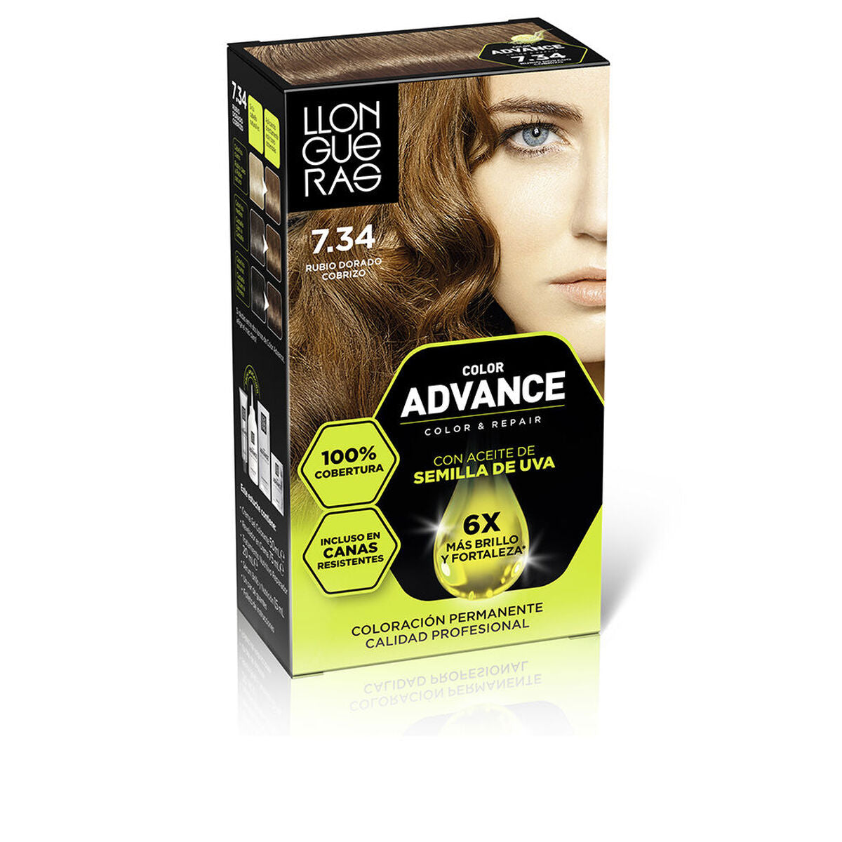 Permanent farve Llongueras COLOR ADVANCE Nº 7,34-Rubio Dorado Cobrizo produktemballage