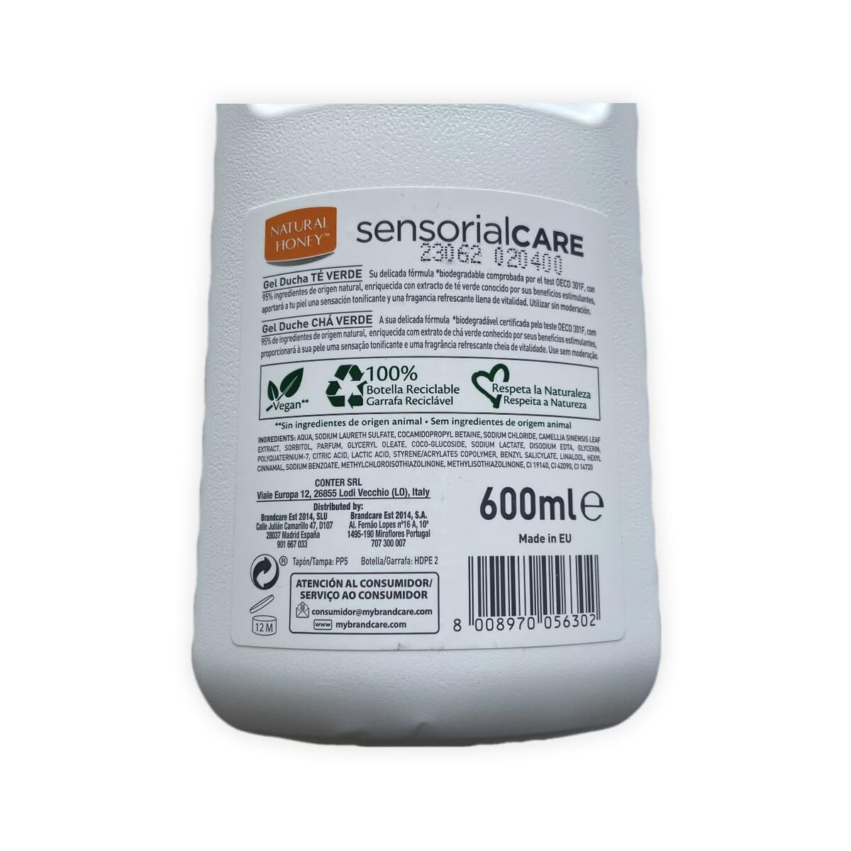 Shower Gel Natural Honning TÉ VERDE 600 ml hudplejeemballage