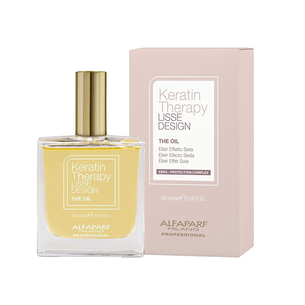 Hårolie Alfaparf Milano Lisse Design Keratin Therapy 50 ml Silkeagtig finish til Damer produktemballage