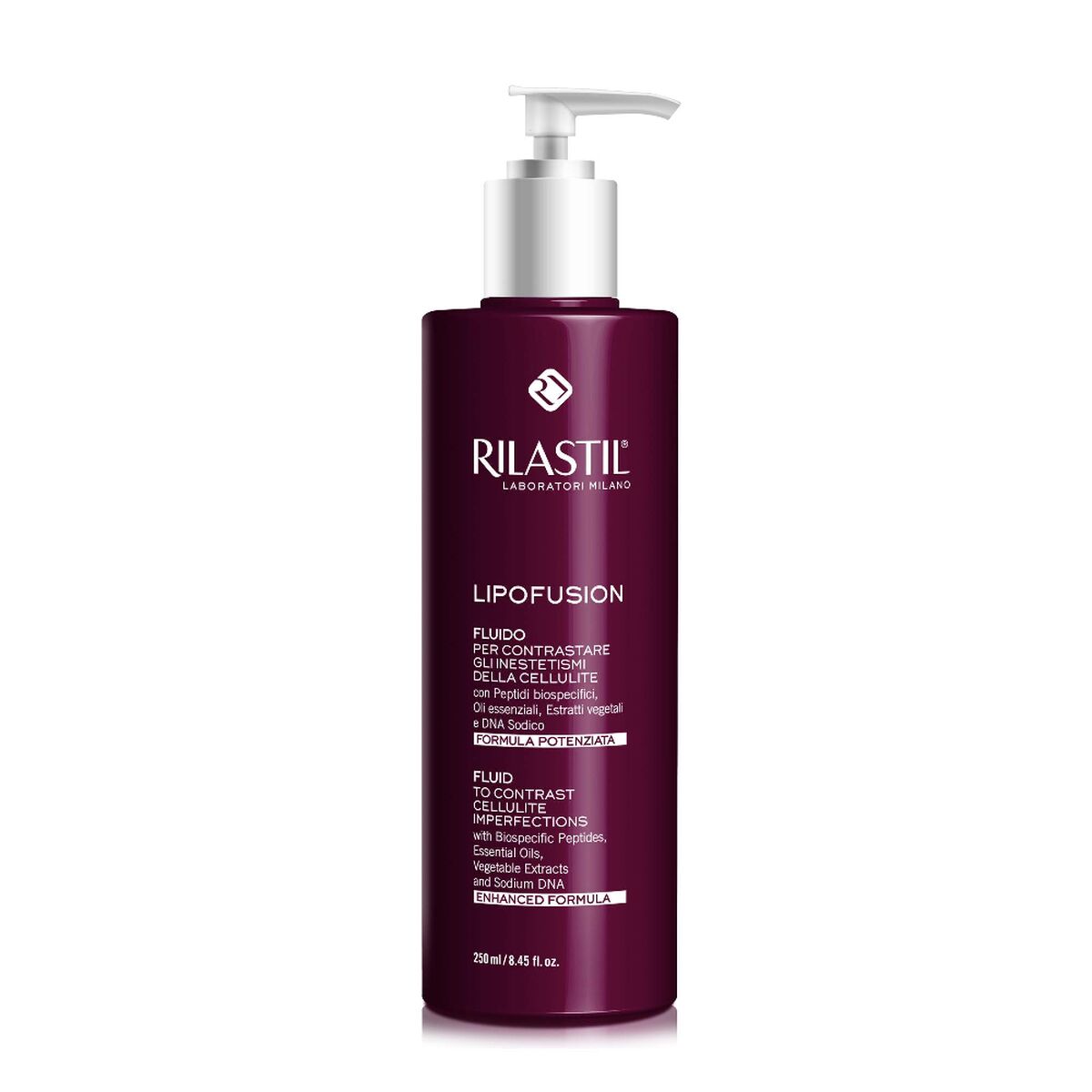 Cellulitreduktionsprogram Rilastil Lipofusion Fluido 250 ml til kvinder produktemballage