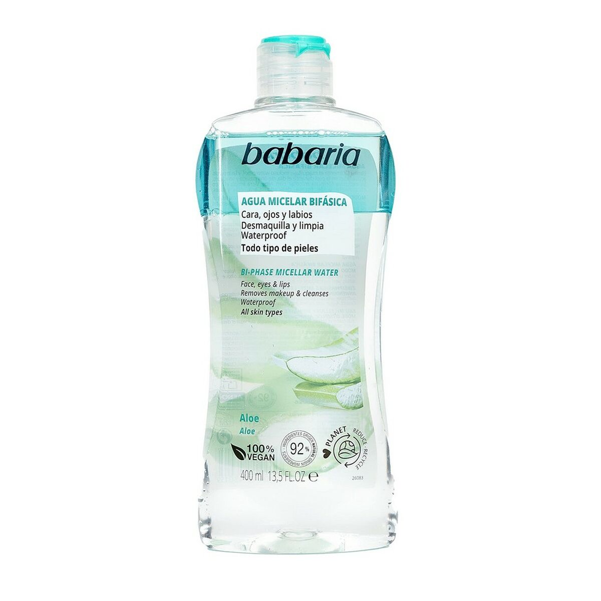 Bifasisk ansigts makeupfjerner Babaria Desmaquillador Bifasico 400 ml Aloe Vera Micellar Water produktemballage