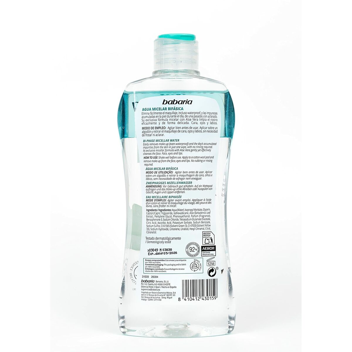 Bifasisk ansigts makeupfjerner Babaria Desmaquillador Bifasico 400 ml Aloe Vera Micellar Water produktemballage