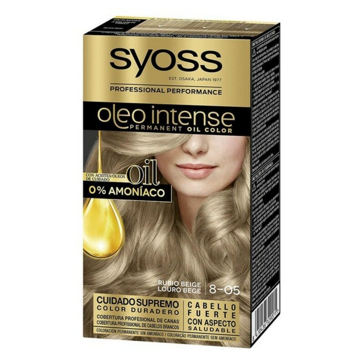 Permanent Dye Syoss Olio Intense Beige Blonde Nº 8,05 Platinum Blonde Nº 8,05-Rubio Beige til Damer produktemballage