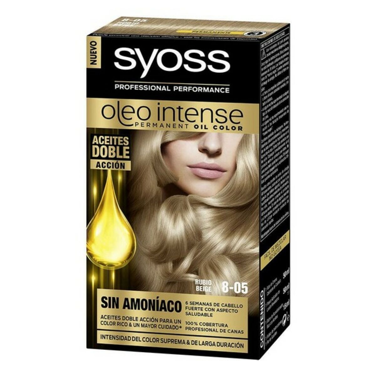 Permanent Dye Syoss Olio Intense Beige Blonde Nº 8,05 Platinum Blonde Nº 8,05-Rubio Beige til Damer produktemballage