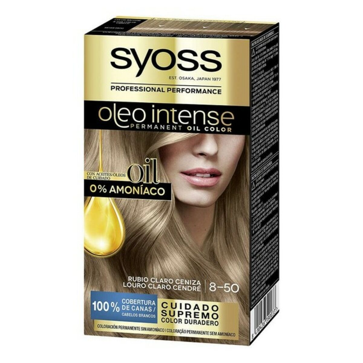 Permanent Dye Syoss Olio Intense Light Ash Blonde Nº 8,50 Platinum Blonde Nº 8,50-Rubio Ceniza til kvinder produktemballage