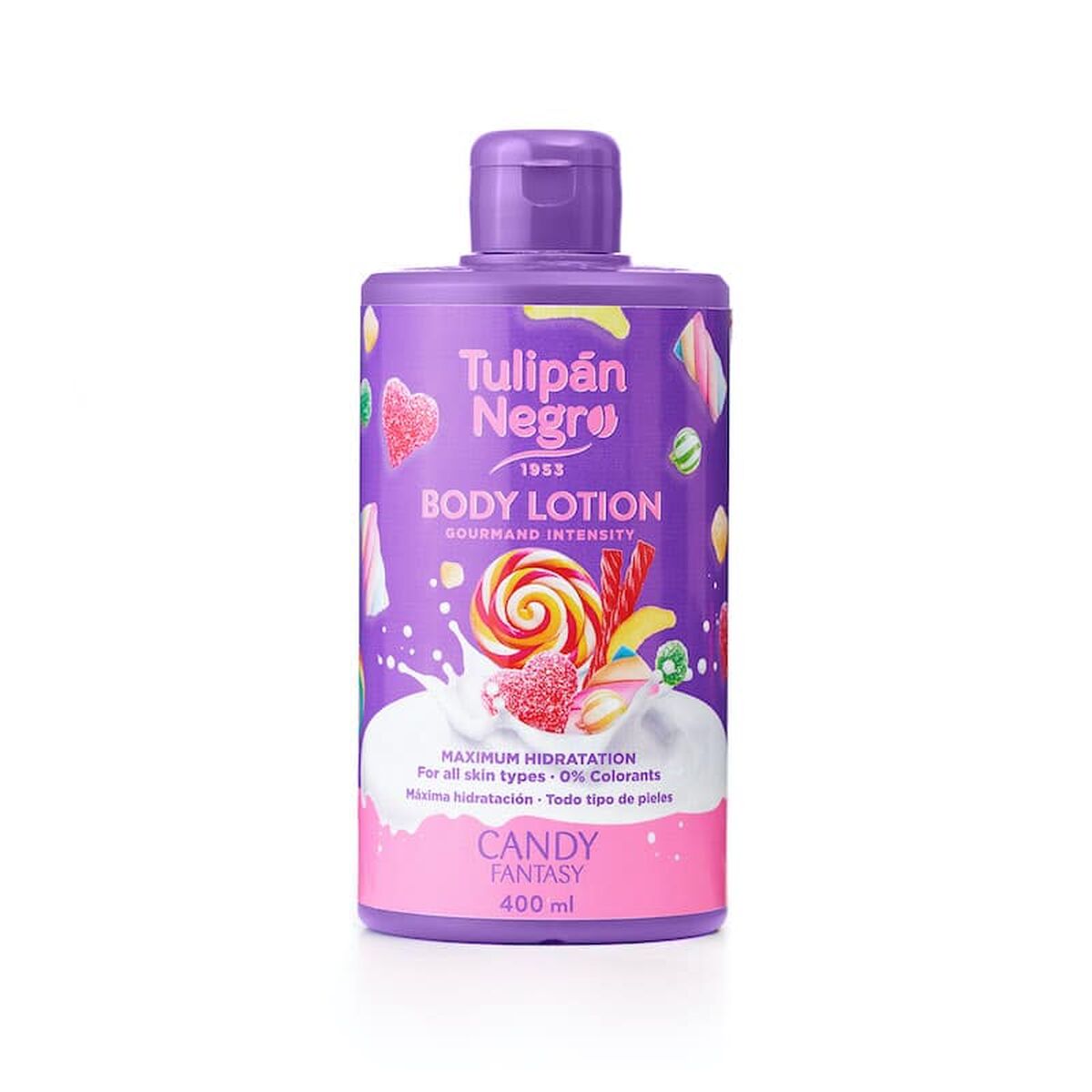 Body Lotion Tulipán Negro Candy Fantasy Purple 400 ml hudplejeemballage