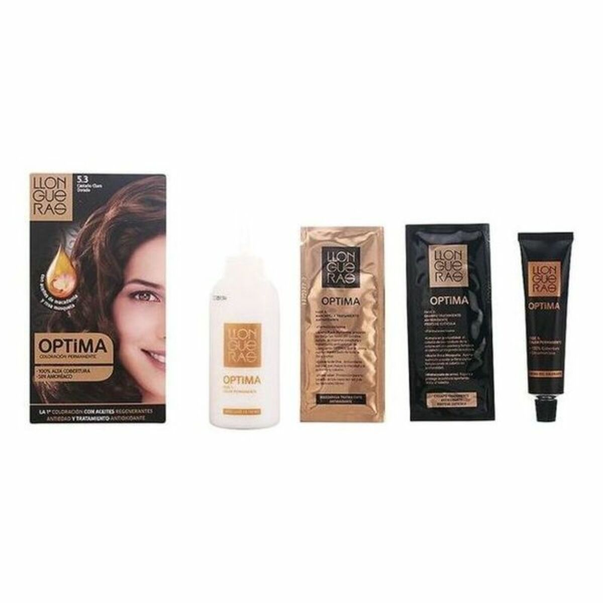 Farve uden ammoniak Llongueras Optima Nº 5.3-Gyldenbrun (1 enhed) produktemballage