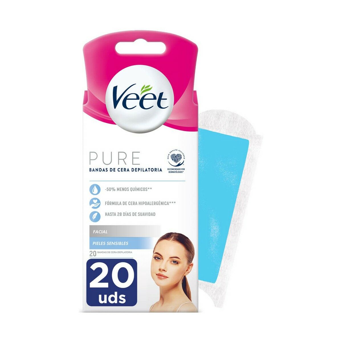 Ansigtshårfjerningsstrimler Veet Sensitive skin 20 Enheder produktemballage