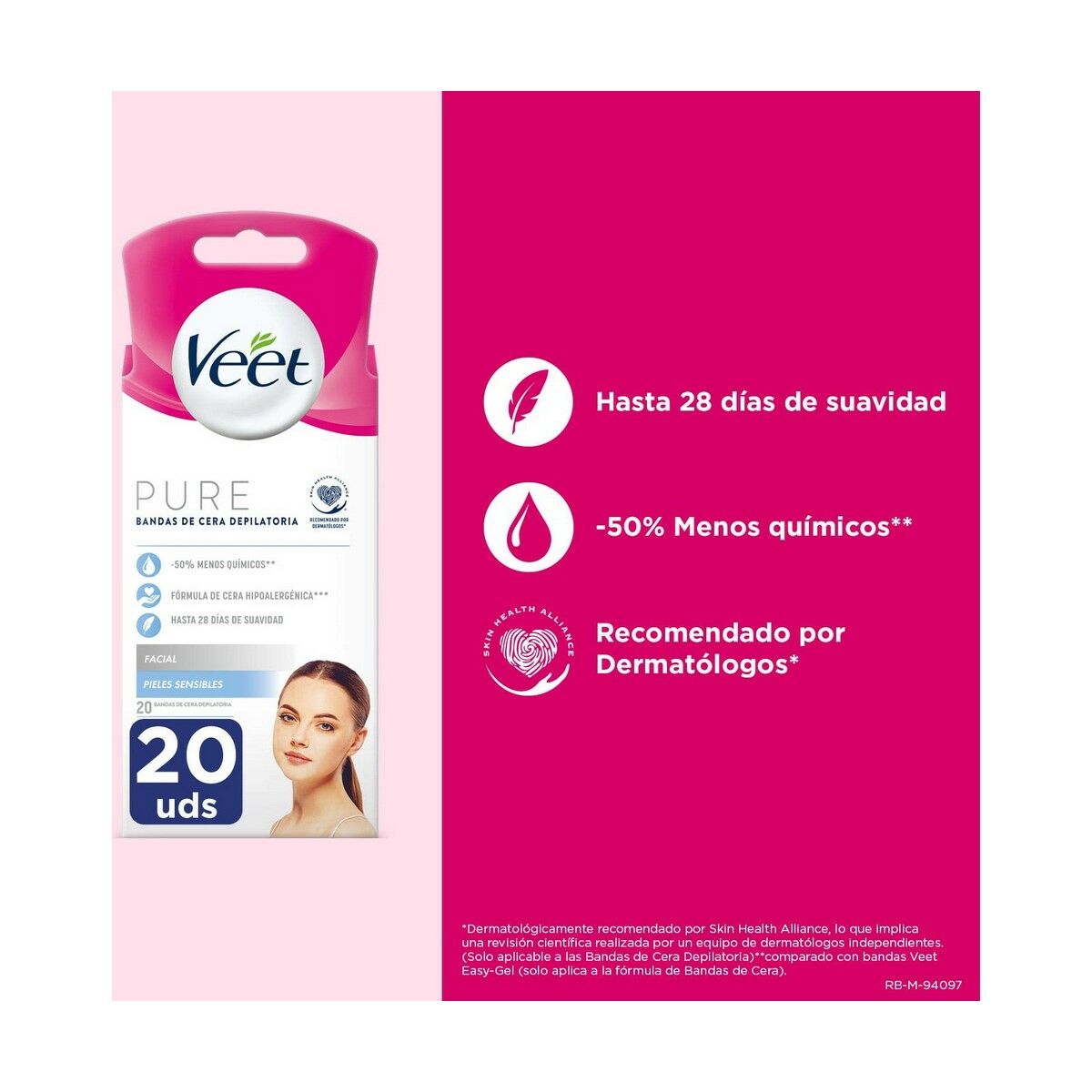 Ansigtshårfjerningsstrimler Veet Sensitive skin 20 Enheder produktemballage