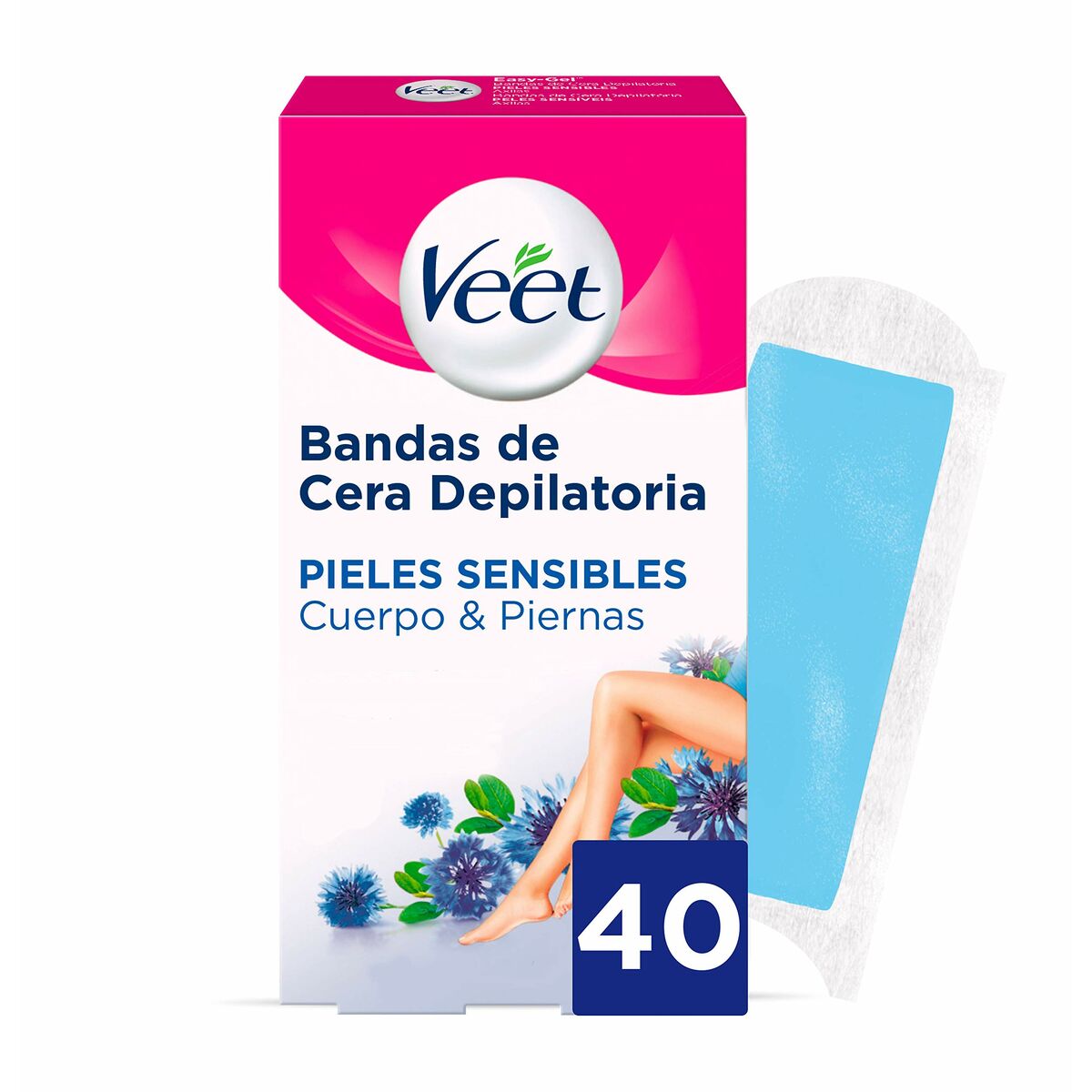 Kropshårfjerningsstrimler Veet Bandas De Cera Pure Sensitive skin Ben (40 enheder) produktemballage