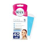 Ansigtshårfjerningsstrimler Veet Bandas De Cera Pure Sensitive Hud (40 enheder) produktemballage