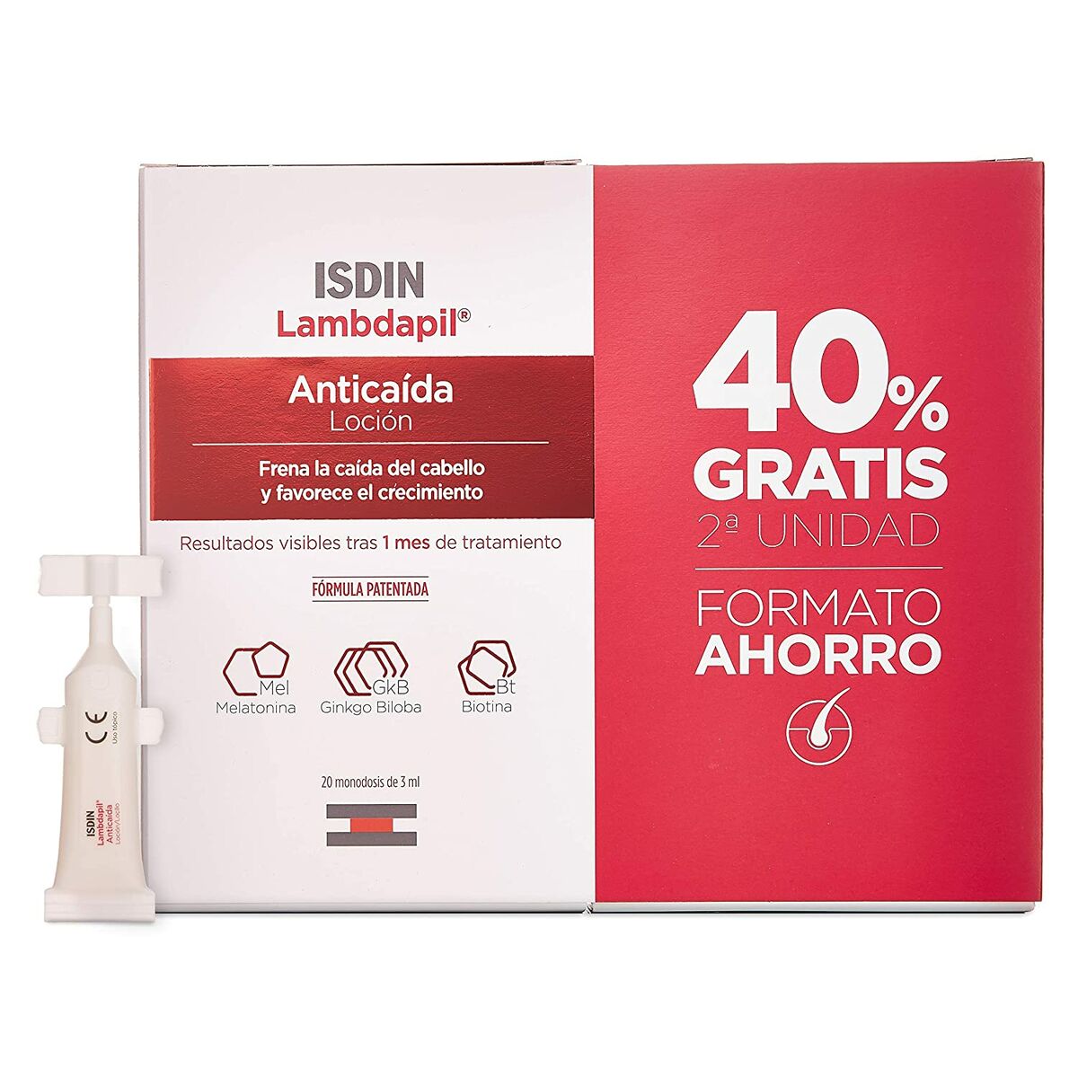 Anti-hårtabspleje Isdin Lambdapil enkeltdosis 40 enheder (20 enheder) produktemballage