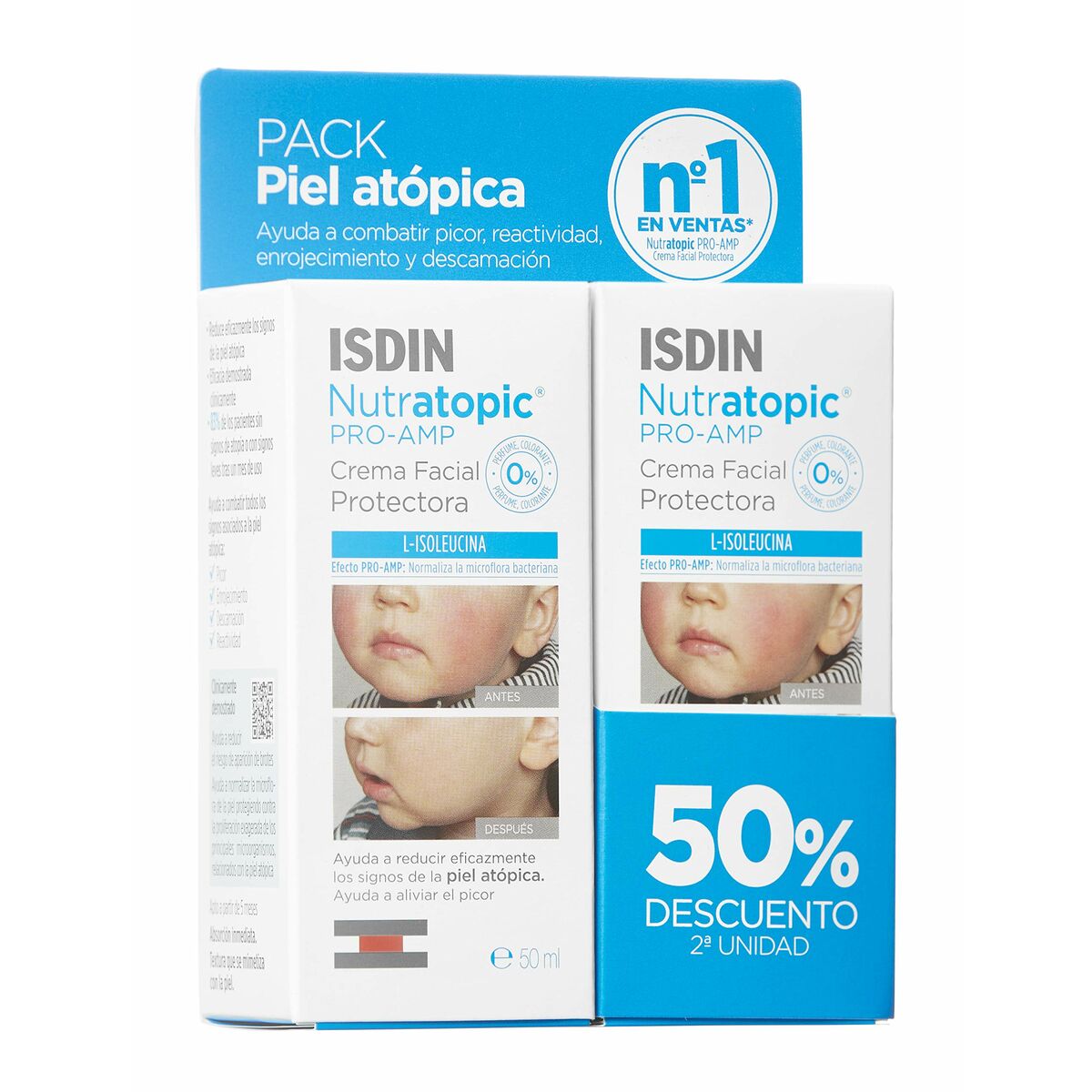 Ansigtscreme Isdin Nutratopic Pro-AMP Dermobeskyttende Atopisk hud Børn 2 x 50 ml hudplejeemballage