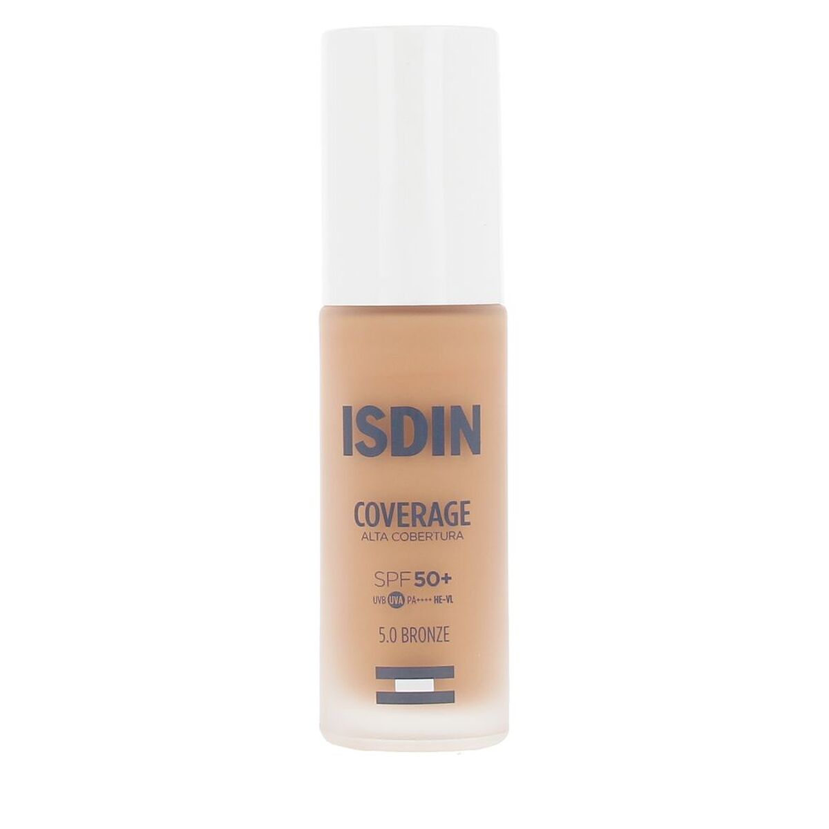 Flydende Make Up Base Isdin DÆKNING Nº 5.0 Bronze Spf 50 30 g produktemballage