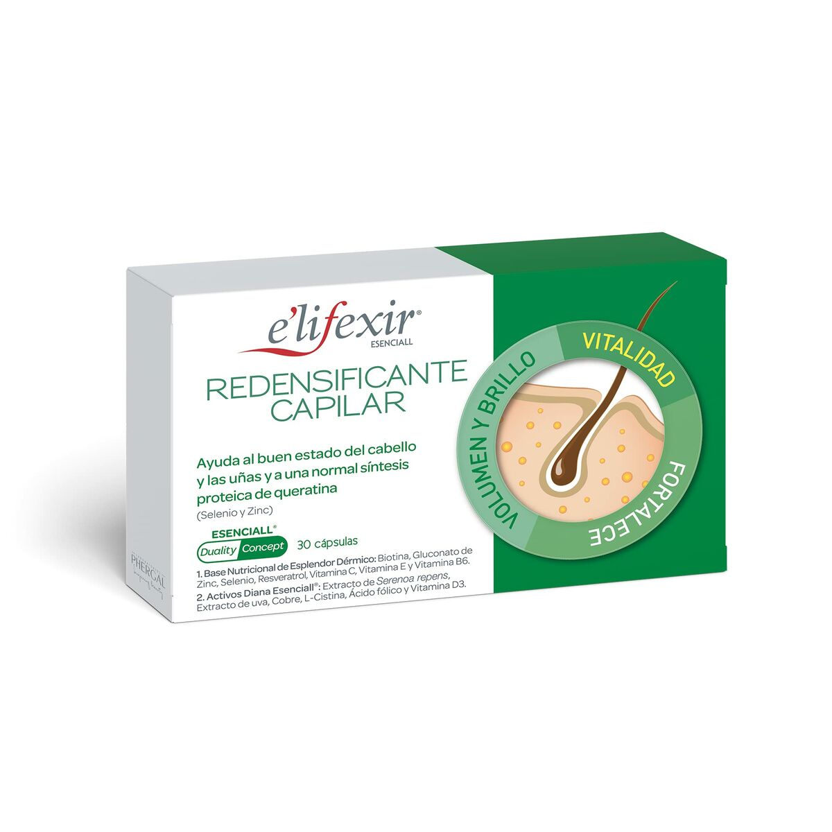Anti-hårtabspleje Elixir Esenciall Kapsler x 30 enheder) produktemballage