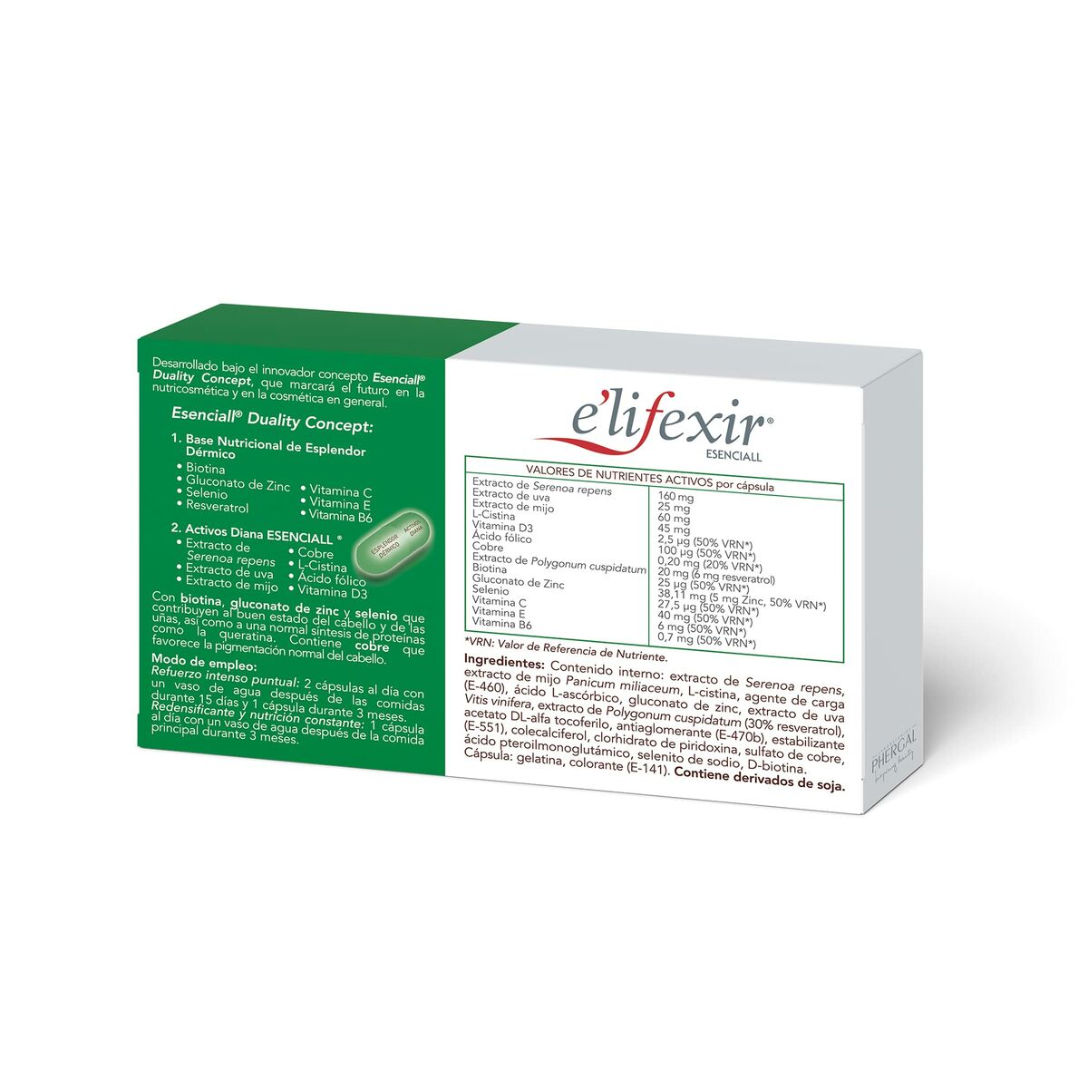 Anti-hårtabspleje Elixir Esenciall Kapsler x 30 enheder) produktemballage