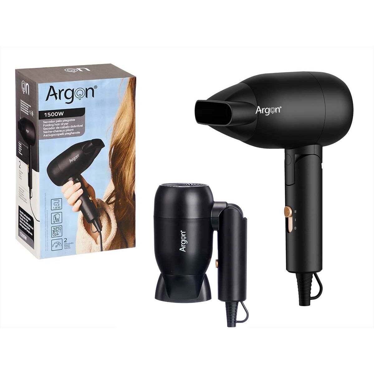 Sammenfoldelig hårtørrer Argon Black Golden 1500 W produktemballage