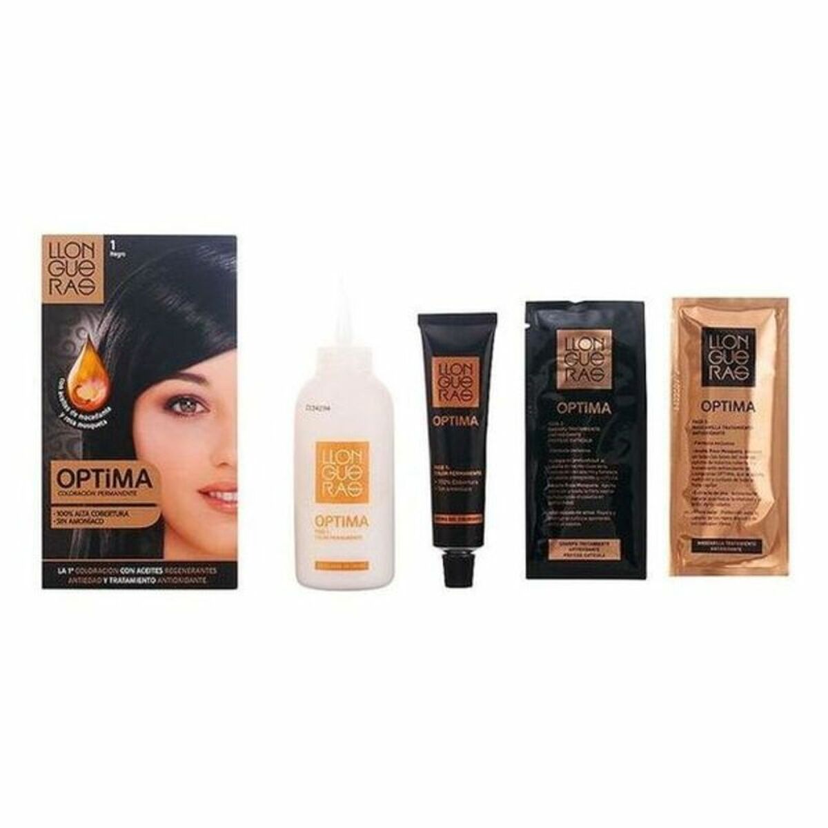 Farve uden ammoniak Llongueras Optima Nº 1-Sort (1 enhed) produktemballage