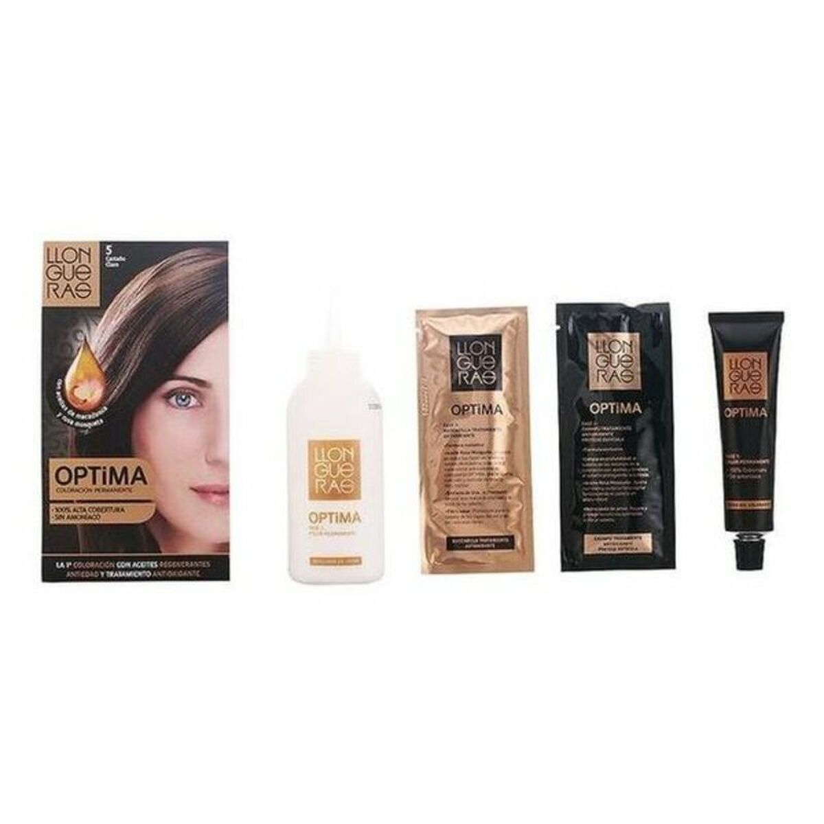 Farve uden ammoniak Llongueras Optima Nº 5-Lysebrun (1 enhed) produktemballage