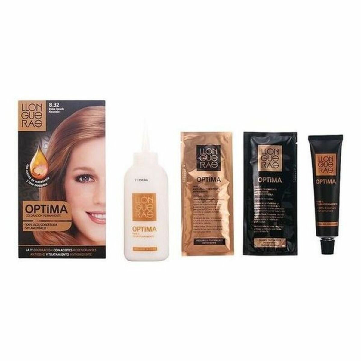 Farve uden ammoniak Llongueras Optima Nº 8.32-Lysblond Naturlig (1 enhed) produktemballage