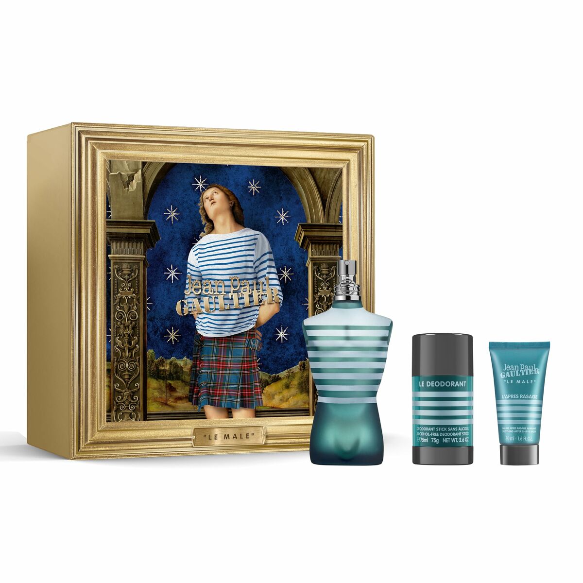 Herreparfumesæt Jean Paul Gaultier Le Male 3 stykker til mænd produktemballage