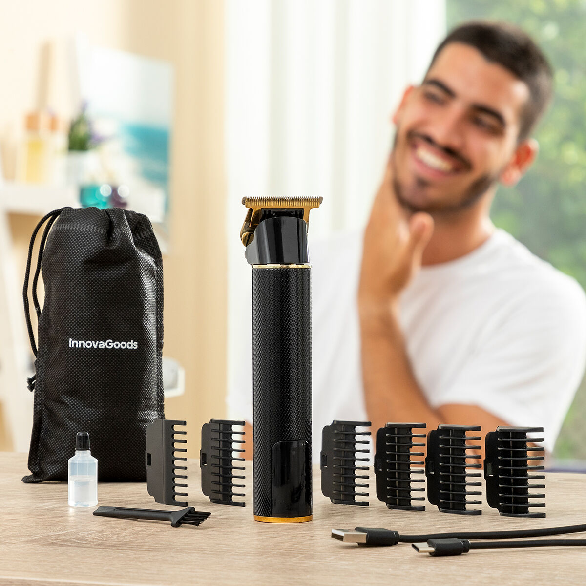 Professionel genopladelig hårklipper med tilbehør Triher InnovaGoods produktemballage