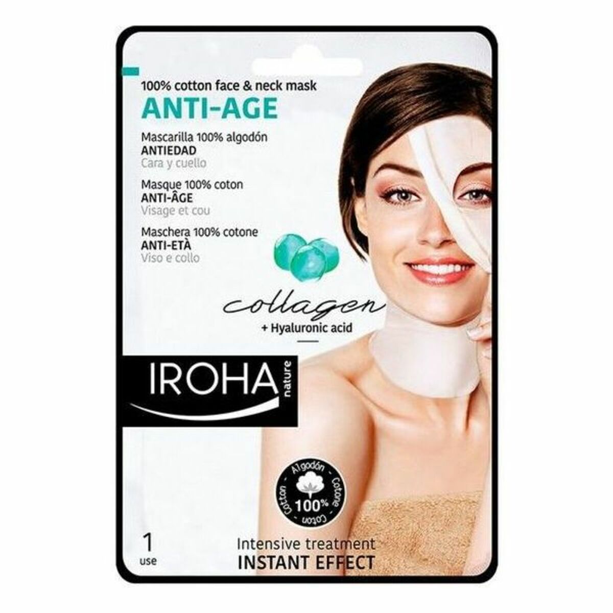 Anti-ageing revitaliserende maske Iroha Cotton Face Neck Mask (1 enhed) til kvinder maske emballage