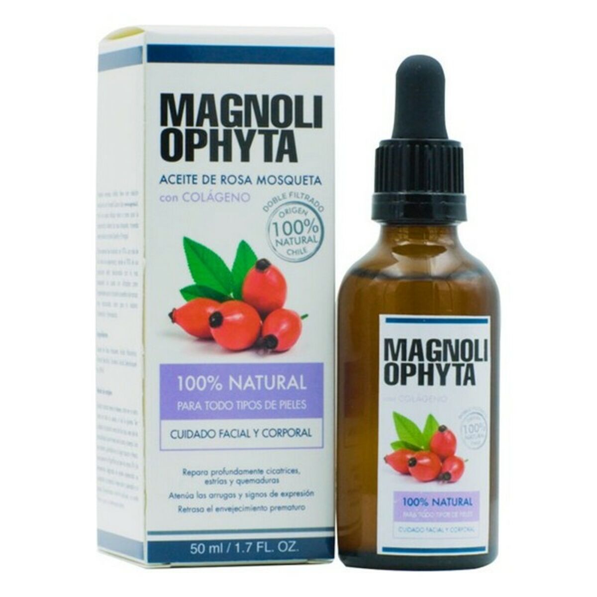 Ansigtsolie Magnoliophyta Aceite De Rosa Mosqueta 30 ml 50 ml Med kollagen Hyben produktemballage