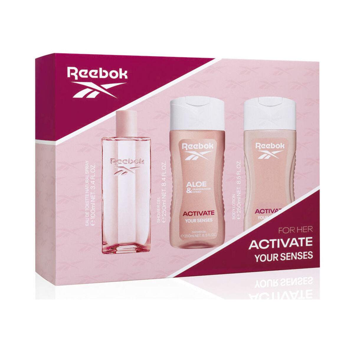 Parfumesæt til kvinder Reebok AKTIVER DINE SANSER 3 stykkers produktemballage