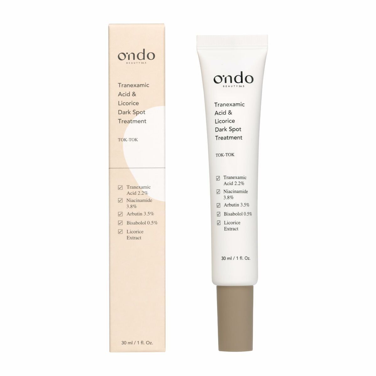 Anti-Brown Spot Care Ondo Beauty 36.5 TRANEXAMIC ACID & LICORICE Dark 30 ml produktemballage