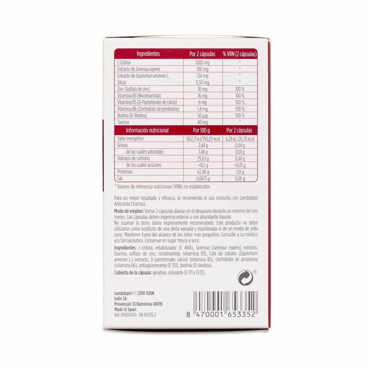 Kapsler Isdin 53 Anti-Hårtabspleje (60 enheder) produktemballage