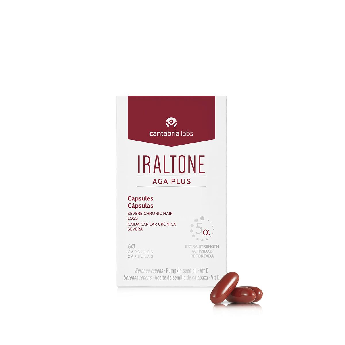 Hårtabskosttilskud Iraltone Aga Plus (60 enheder) produktemballage