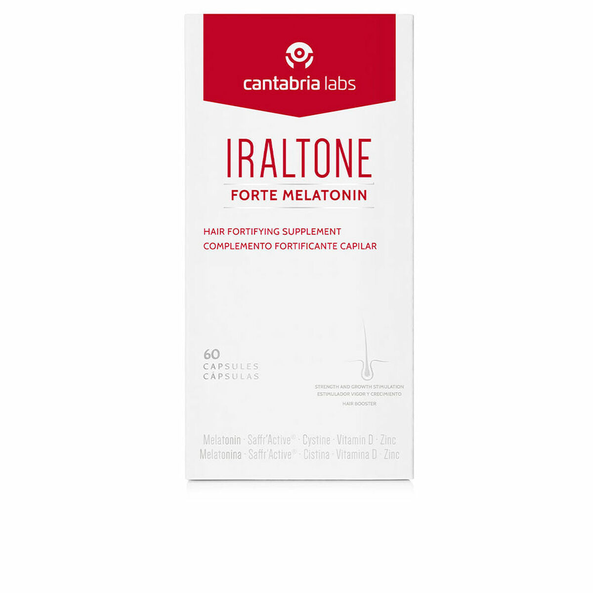 Hårtab kosttilskud Iraltone Forte Melatonin (60 enheder) produktemballage