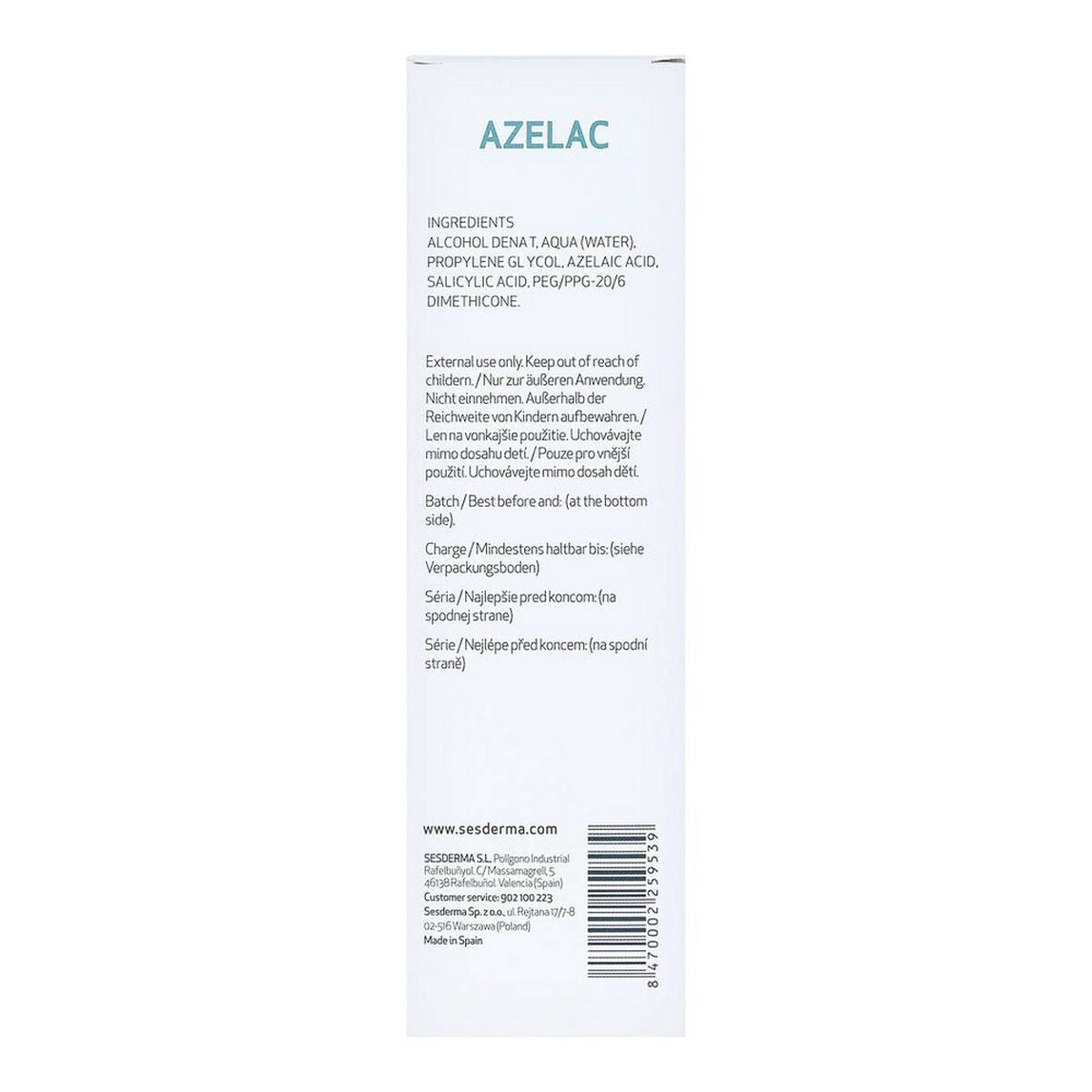 Acne Skin Care Sesderma Azelac 100 ml Facial Lotion hudplejeemballage